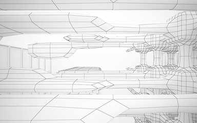 Abstract white interior highlights future. Polygon drawing . Architectural background. 3D illustration and rendering