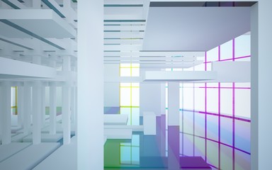 Abstract white and colored gradient glasses interior multilevel public space with window. 3D illustration and rendering.