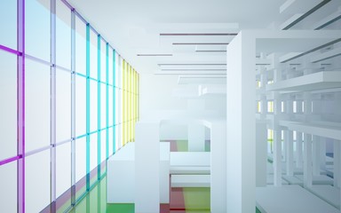 Fototapeta premium Abstract white and colored gradient glasses interior multilevel public space with window. 3D illustration and rendering.