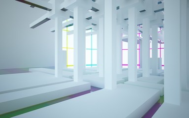 Abstract white and colored gradient glasses interior multilevel public space with window. 3D illustration and rendering.