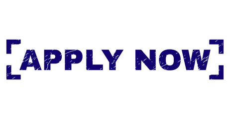 APPLY NOW text seal print with grunge style. Text label is placed between corners. Blue vector rubber print of APPLY NOW with grunge texture.