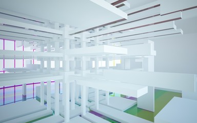 Abstract white and colored gradient glasses interior multilevel public space with window. 3D illustration and rendering.