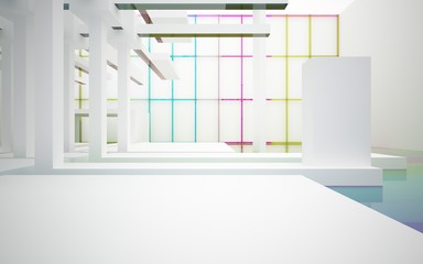 Abstract white and colored gradient glasses interior multilevel public space with window. 3D illustration and rendering.
