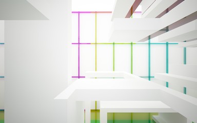 Abstract white and colored gradient glasses interior multilevel public space with window. 3D illustration and rendering.
