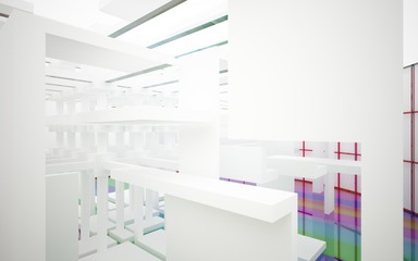 Abstract white and colored gradient glasses interior multilevel public space with window. 3D illustration and rendering.