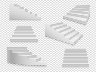 White 3d stairs. Vector isolated ladder or stairway up to success, home staircase on transparent background