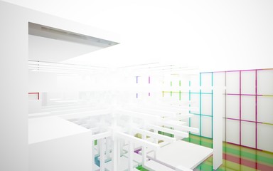 Abstract white and colored gradient glasses interior multilevel public space with window. 3D illustration and rendering.