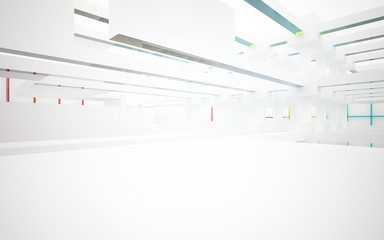 Abstract white and colored gradient glasses interior multilevel public space with window. 3D illustration and rendering.