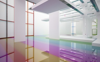 Obraz premium Abstract white and colored gradient glasses interior multilevel public space with window. 3D illustration and rendering.