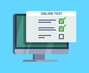 Online test. Questionnaire survey form on pc screen. Exam list, computer testing and online quiz vector concept