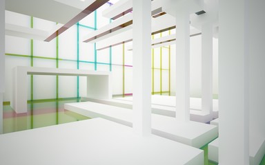 Fototapeta premium Abstract white and colored gradient glasses interior multilevel public space with window. 3D illustration and rendering.