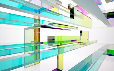 Abstract dynamic interior with gradient colored objects. 3D illustration and rendering