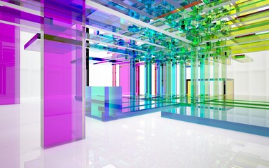 Abstract dynamic interior with gradient colored objects. 3D illustration and rendering