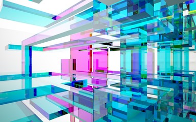 Abstract dynamic interior with gradient colored objects. 3D illustration and rendering
