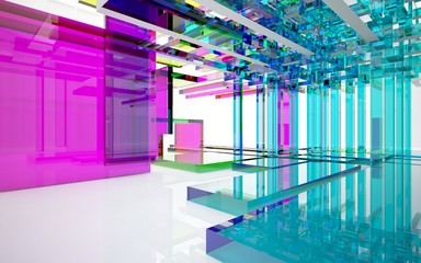 Abstract dynamic interior with gradient colored objects. 3D illustration and rendering