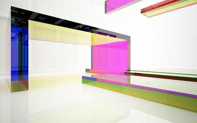 Abstract dynamic interior with gradient colored objects. 3D illustration and rendering