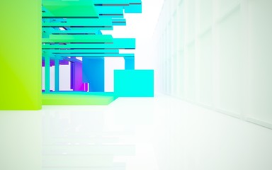 Abstract white and colored gradient  interior multilevel public space with window. 3D illustration and rendering.