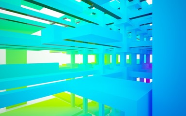Abstract white and colored gradient  interior multilevel public space with window. 3D illustration and rendering.