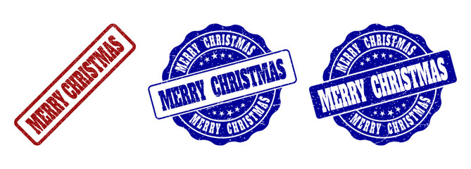 MERRY CHRISTMAS scratched stamp seals in red and blue colors. Vector MERRY CHRISTMAS labels with grunge surface. Graphic elements are rounded rectangles, rosettes, circles and text labels.