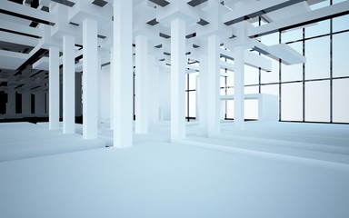 Abstract white and black interior multilevel public space with window. 3D illustration and rendering.