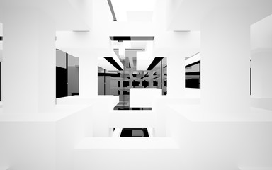 Abstract white and black interior multilevel public space with window. 3D illustration and rendering.
