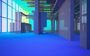 Abstract white and colored gradient  interior multilevel public space with window. 3D illustration and rendering.