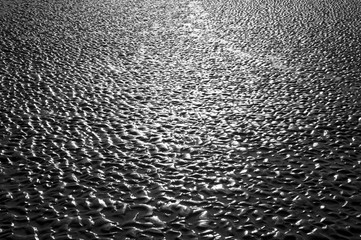 Natural background of wet textured sand with raised wave patterns shining in backlit sun on a beach at low tide