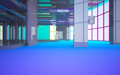 Abstract white and colored gradient  interior multilevel public space with window. 3D illustration and rendering.