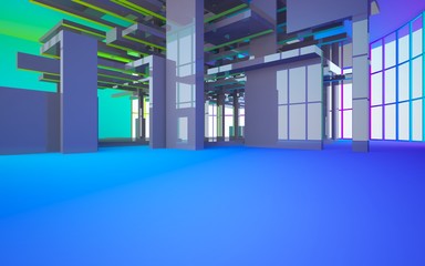 Abstract white and colored gradient  interior multilevel public space with window. 3D illustration and rendering.