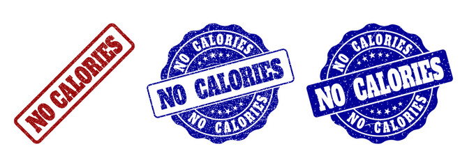 NO CALORIES grunge stamp seals in red and blue colors. Vector NO CALORIES labels with dirty texture. Graphic elements are rounded rectangles, rosettes, circles and text labels.