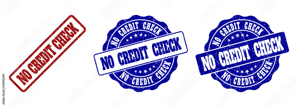 Poster no credit check scratched stamp seals in red and blue colors. vector no credit check labels with scr