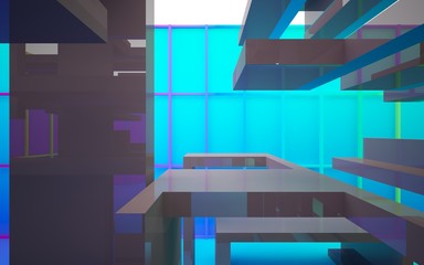 Abstract white and colored gradient  interior multilevel public space with window. 3D illustration and rendering.