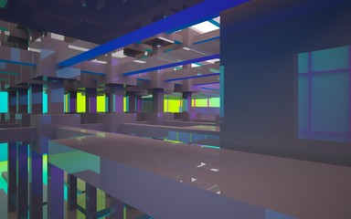 Abstract white and colored gradient  interior multilevel public space with window. 3D illustration and rendering.