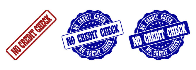 NO CREDIT CHECK scratched stamp seals in red and blue colors. Vector NO CREDIT CHECK labels with scratced effect. Graphic elements are rounded rectangles, rosettes, circles and text labels.