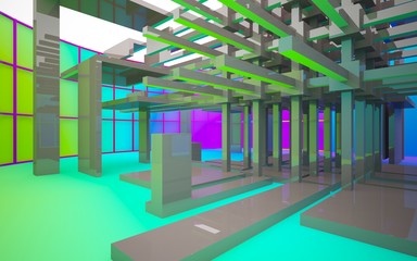 Abstract white and colored gradient  interior multilevel public space with window. 3D illustration and rendering.