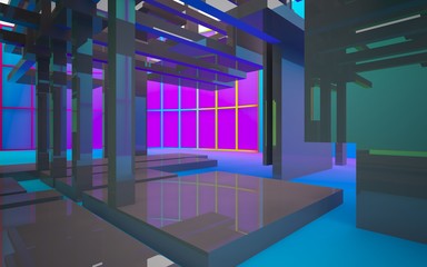 Abstract white and colored gradient  interior multilevel public space with window. 3D illustration and rendering.