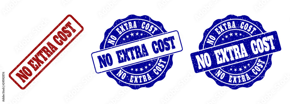 Poster no extra cost grunge stamp seals in red and blue colors. vector no extra cost labels with draft surf