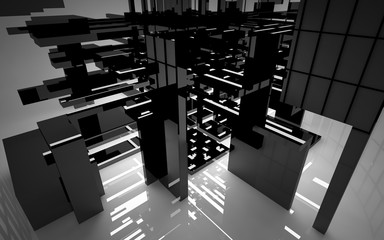 Abstract white interior of the future, with glossy black sculpture. 3D illustration and rendering