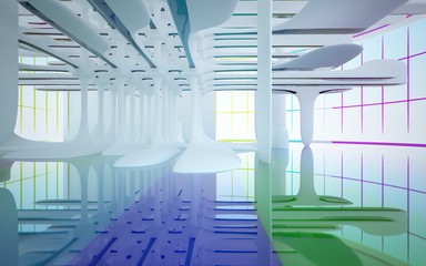 Abstract white and colored gradient glasses interior multilevel public space with window. 3D illustration and rendering.