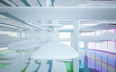 Obraz premium Abstract white and colored gradient glasses interior multilevel public space with window. 3D illustration and rendering.