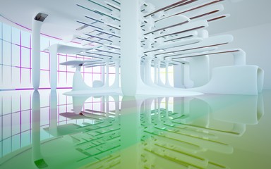 Abstract white and colored gradient glasses interior multilevel public space with window. 3D illustration and rendering.