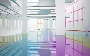 Abstract white and colored gradient glasses interior multilevel public space with window. 3D illustration and rendering.