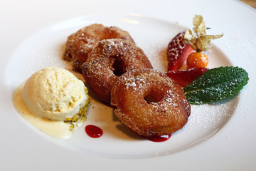Portion of deep fried battered sweet apple rings