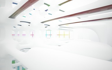 Abstract white and colored gradient glasses interior multilevel public space with window. 3D illustration and rendering.