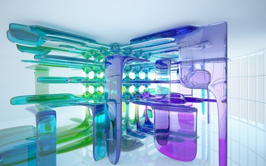 abstract architectural interior with colored smooth glass sculpture. 3D illustration and rendering