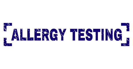 ALLERGY TESTING caption seal print with corroded texture. Text title is placed inside corners. Blue vector rubber print of ALLERGY TESTING with corroded texture.