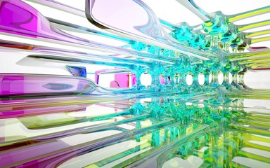 abstract architectural interior with colored smooth glass sculpture. 3D illustration and rendering
