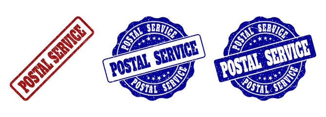 POSTAL SERVICE grunge stamp seals in red and blue colors. Vector POSTAL SERVICE signs with grunge surface. Graphic elements are rounded rectangles, rosettes, circles and text titles.
