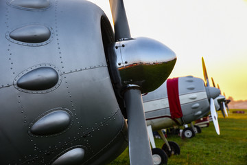 Fototapeta na wymiar Propeller airplanes lined up in a field
