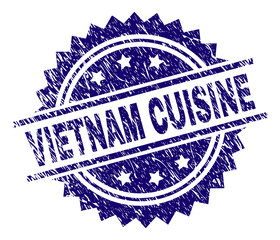 VIETNAM CUISINE stamp seal watermark with distress style. Blue vector rubber print of VIETNAM CUISINE label with dust texture.